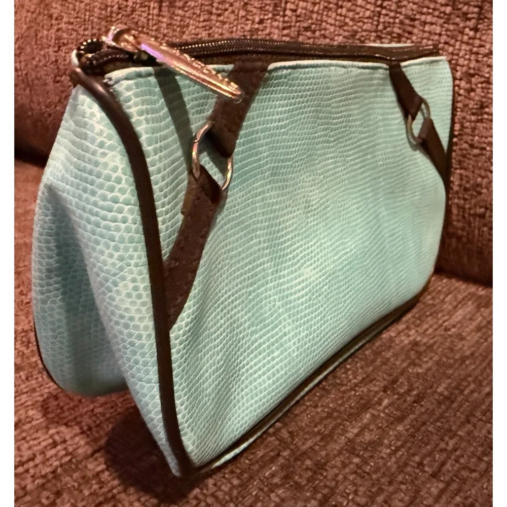 New LANCOME Cosmetic Bag Clutch Travel Bag Turquoise Snake Embossed Faux Leather